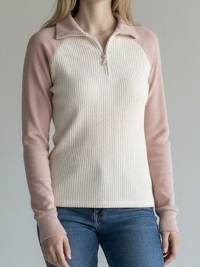P.J. Salvage Pink Raglan Ribbed Half-Zip Sweater with Cream Body